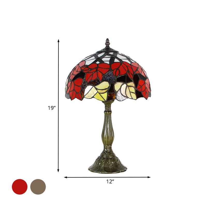 Cut Glass Domed Shade Night Lighting Victorian 1-Light Red/Brown Flower Patterned Table Lamp for Bedside Clearhalo 'Lamps' 'Table Lamps' Lighting' 894254