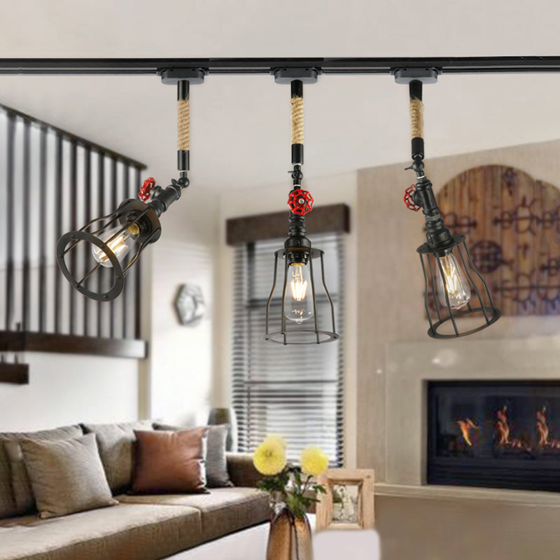 Linear Metal Ceiling Fixture with Cage Shade Vintage 3 Lights Living Room Island Lighting with Rope and Valve in Black Black Clearhalo 'Ceiling Lights' 'Island Lights' Lighting' 89426