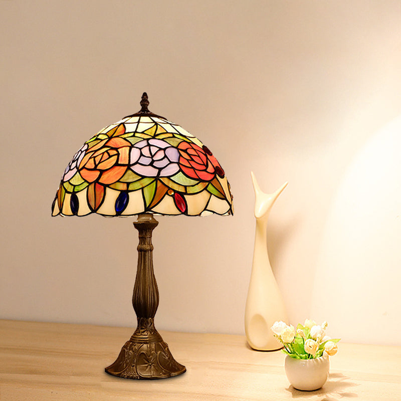 Domed Nightstand Light 1-Bulb Stained Art Glass Baroque Blossom Patterned Night Lighting in Red/Beige/Green Clearhalo 'Lamps' 'Table Lamps' Lighting' 894272