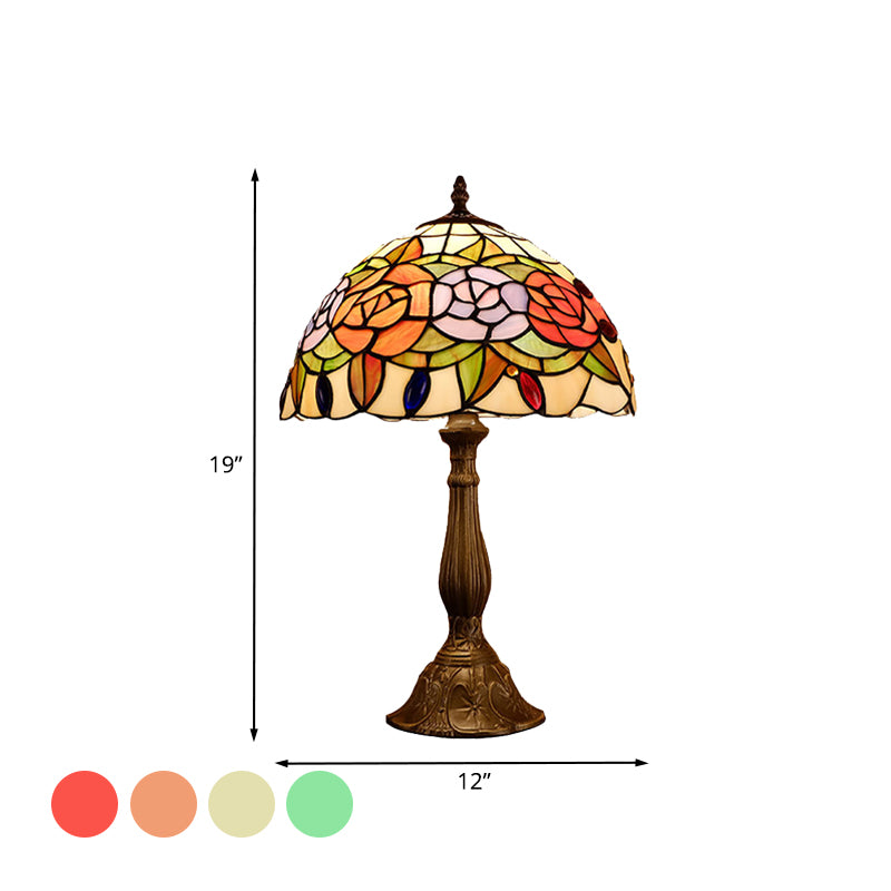 Domed Nightstand Light 1-Bulb Stained Art Glass Baroque Blossom Patterned Night Lighting in Red/Beige/Green Clearhalo 'Lamps' 'Table Lamps' Lighting' 894274
