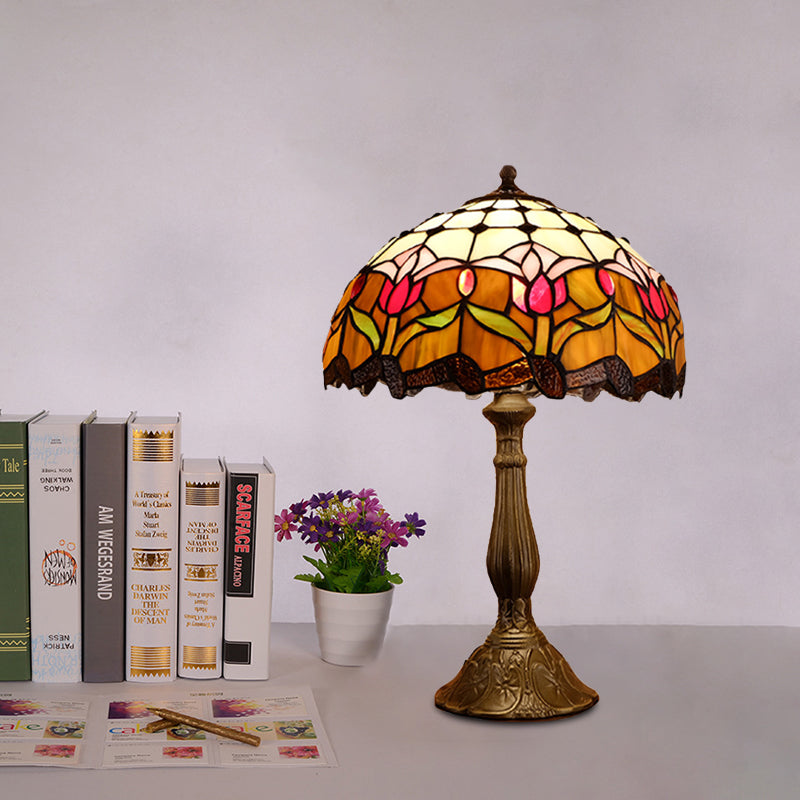 Domed Nightstand Light 1-Bulb Stained Art Glass Baroque Blossom Patterned Night Lighting in Red/Beige/Green Clearhalo 'Lamps' 'Table Lamps' Lighting' 894277