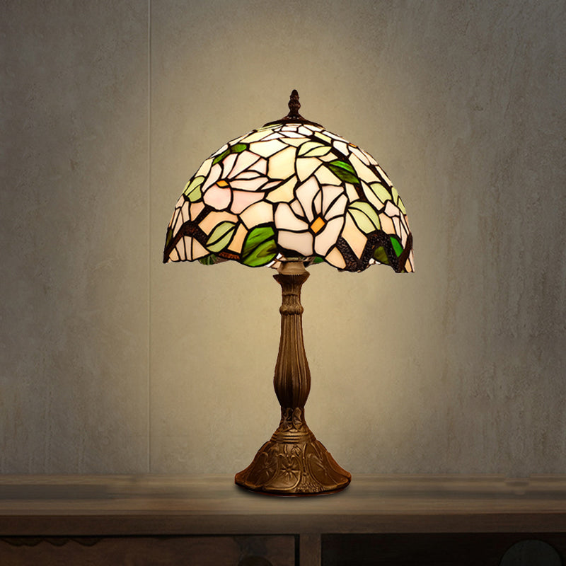 Domed Nightstand Light 1-Bulb Stained Art Glass Baroque Blossom Patterned Night Lighting in Red/Beige/Green Beige Clearhalo 'Lamps' 'Table Lamps' Lighting' 894279