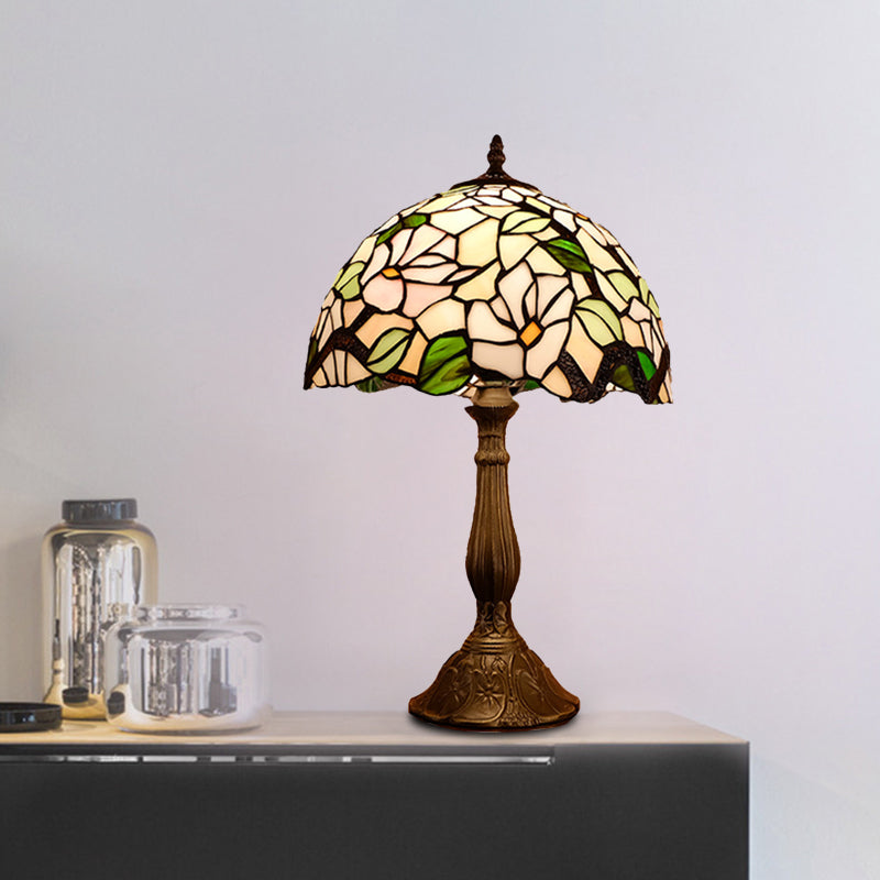 Domed Nightstand Light 1-Bulb Stained Art Glass Baroque Blossom Patterned Night Lighting in Red/Beige/Green Clearhalo 'Lamps' 'Table Lamps' Lighting' 894280