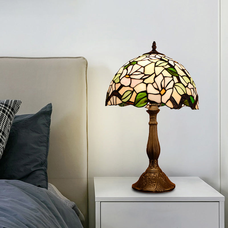 Domed Nightstand Light 1-Bulb Stained Art Glass Baroque Blossom Patterned Night Lighting in Red/Beige/Green Clearhalo 'Lamps' 'Table Lamps' Lighting' 894281