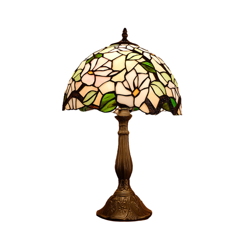 Domed Nightstand Light 1-Bulb Stained Art Glass Baroque Blossom Patterned Night Lighting in Red/Beige/Green Clearhalo 'Lamps' 'Table Lamps' Lighting' 894282