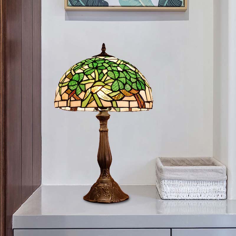 Domed Nightstand Light 1-Bulb Stained Art Glass Baroque Blossom Patterned Night Lighting in Red/Beige/Green Clearhalo 'Lamps' 'Table Lamps' Lighting' 894284