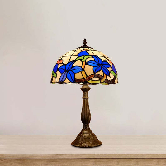 Stained Glass Bronze Nightstand Lighting Dome 1 Light Tiffany Night Table Light with Gardenia Pattern Clearhalo 'Lamps' 'Table Lamps' Lighting' 894288