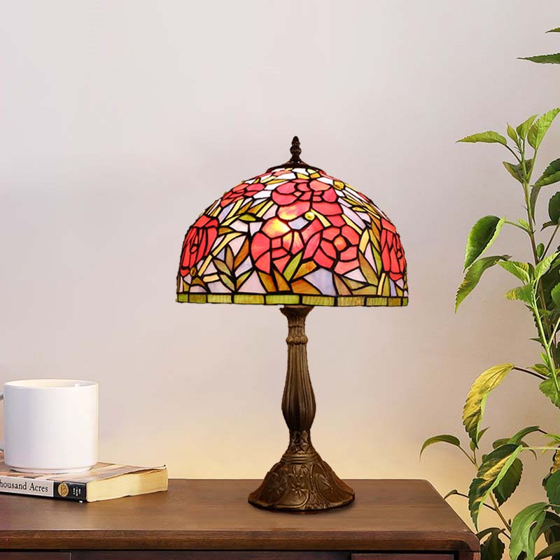 Red/Orange Bowl Table Lighting Tiffany 1 Light Stained Art Glass Rose Patterned Night Lamp for Bedroom Clearhalo 'Lamps' 'Table Lamps' Lighting' 894296