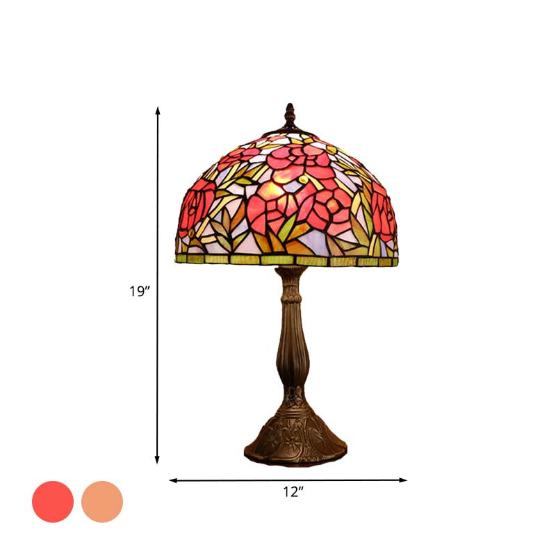 Red/Orange Bowl Table Lighting Tiffany 1 Light Stained Art Glass Rose Patterned Night Lamp for Bedroom Clearhalo 'Lamps' 'Table Lamps' Lighting' 894298