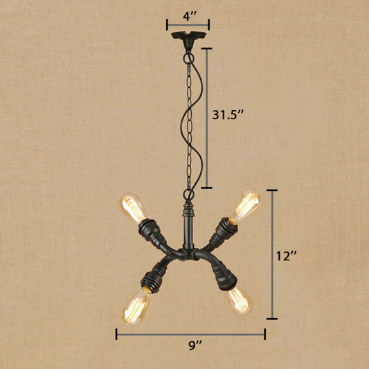 Industrial Stylish Bare Bulb Chandelier Pendant Light 4-Light Iron Chandelier Lamp with Water Pipe in Black Clearhalo 'Cast Iron' 'Ceiling Lights' 'Chandeliers' 'Industrial Chandeliers' 'Industrial' 'Metal' 'Middle Century Chandeliers' 'Rustic Chandeliers' 'Tiffany' Lighting' 89429