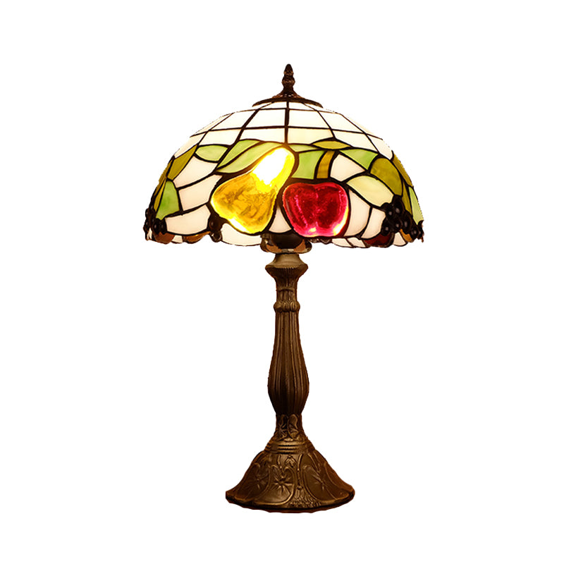 Bowl Shade Night Light Tiffany Stained Glass 1 Light Bronze Finish Table Lamp with Fruit Pattern Clearhalo 'Lamps' 'Table Lamps' Lighting' 894321