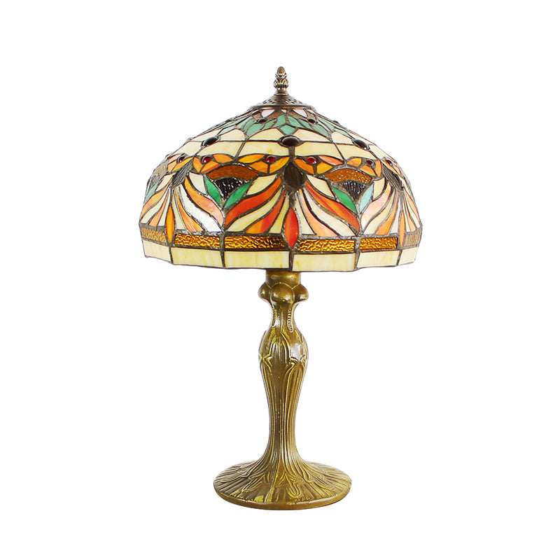 Dome Shade Cut Glass Nightstand Light Victorian 1-Bulb Bronze Night Table Lamp with Fish Pattern Clearhalo 'Lamps' 'Table Lamps' Lighting' 894329