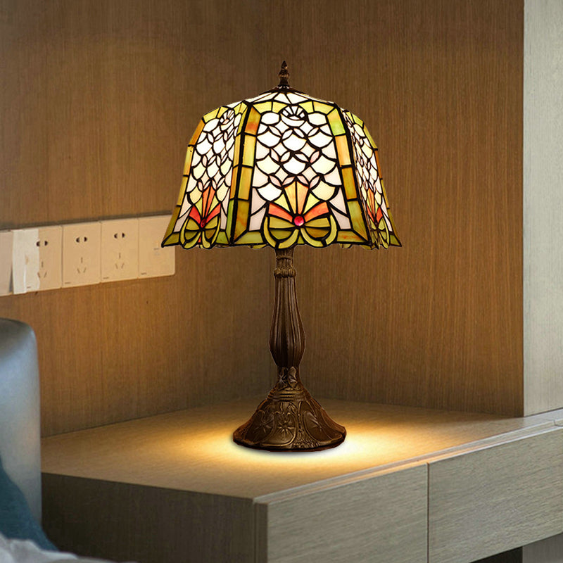 Stained Glass Bronze Night Table Light Paneled Bell 1 Head Baroque Fishscale Patterned Nightstand Lamp Bronze Clearhalo 'Lamps' 'Table Lamps' Lighting' 894339