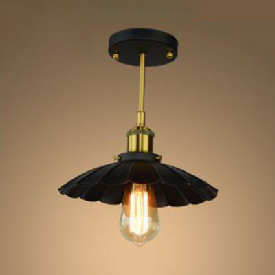 Black Scalloped Semi Flush Mount Industrial Vintage Metal 1 Light Indoor Ceiling Mounted Fixture Black Clearhalo 'Ceiling Lights' 'Close To Ceiling Lights' 'Close to ceiling' 'Semi-flushmount' Lighting' 89434