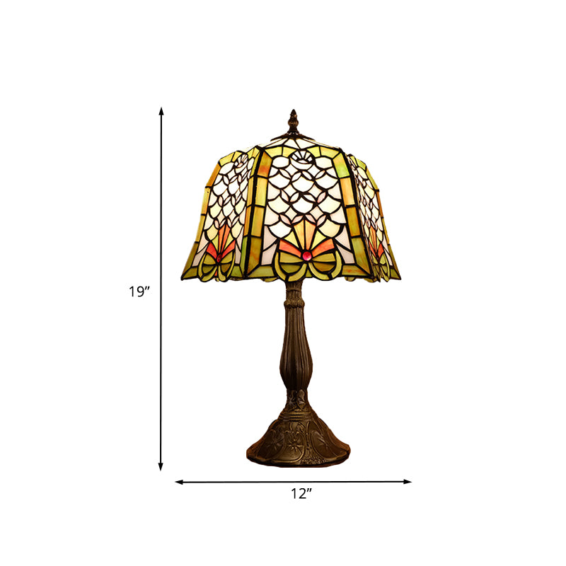 Stained Glass Bronze Night Table Light Paneled Bell 1 Head Baroque Fishscale Patterned Nightstand Lamp Clearhalo 'Lamps' 'Table Lamps' Lighting' 894342