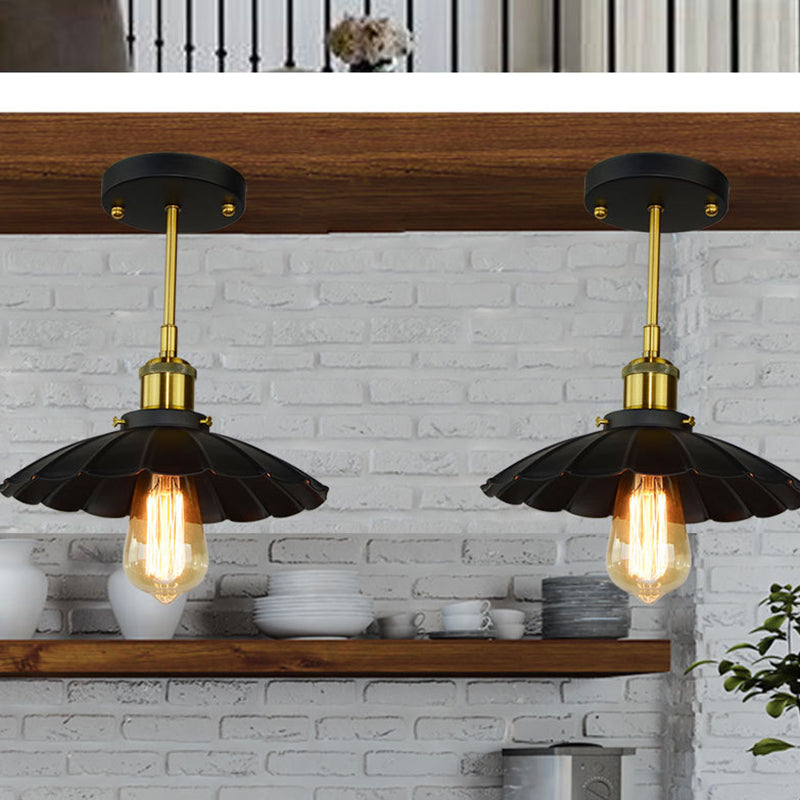 Black Scalloped Semi Flush Mount Industrial Vintage Metal 1 Light Indoor Ceiling Mounted Fixture Clearhalo 'Ceiling Lights' 'Close To Ceiling Lights' 'Close to ceiling' 'Semi-flushmount' Lighting' 89435