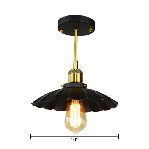 Black Scalloped Semi Flush Mount Industrial Vintage Metal 1 Light Indoor Ceiling Mounted Fixture Clearhalo 'Ceiling Lights' 'Close To Ceiling Lights' 'Close to ceiling' 'Semi-flushmount' Lighting' 89436