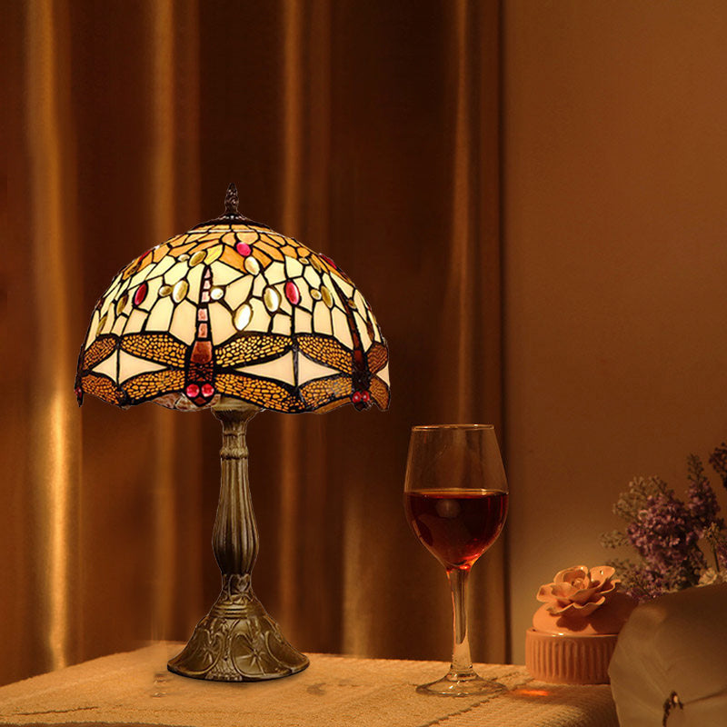 1-Bulb Domed Night Lamp Mediterranean Bronze Hand Cut Glass Nightstand Light with Dragonfly Pattern Clearhalo 'Lamps' 'Table Lamps' Lighting' 894360