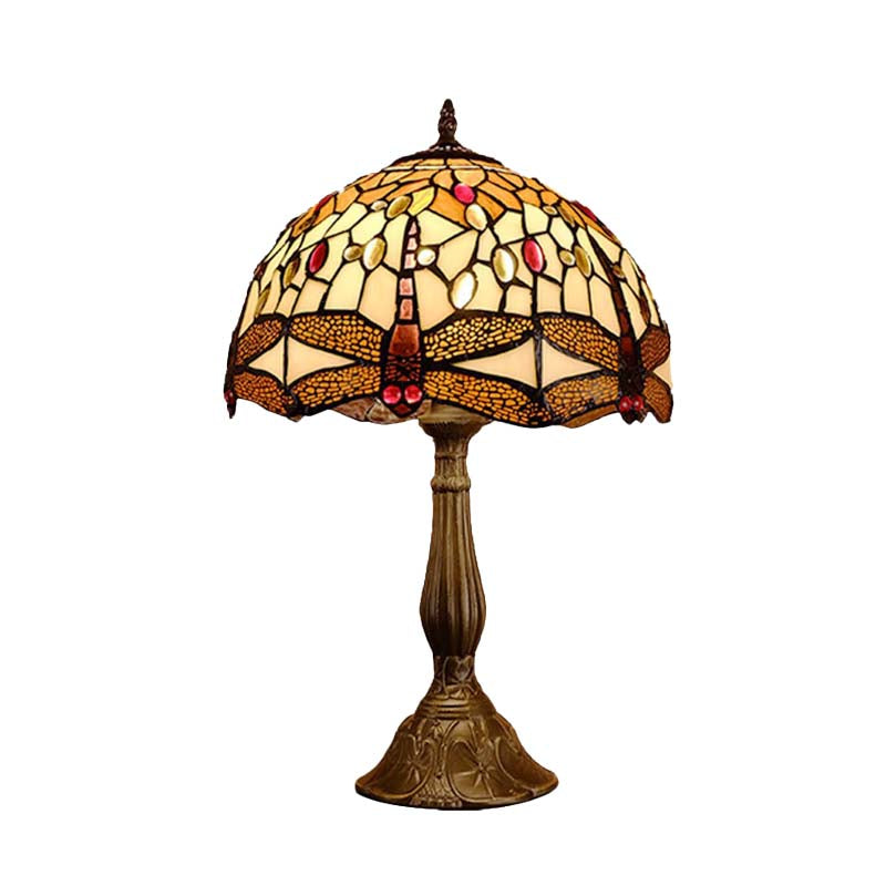 1-Bulb Domed Night Lamp Mediterranean Bronze Hand Cut Glass Nightstand Light with Dragonfly Pattern Clearhalo 'Lamps' 'Table Lamps' Lighting' 894361