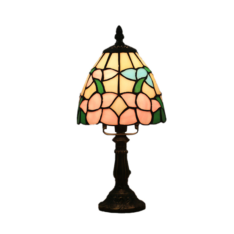 Dome Shape Nightstand Lighting 1-Light Stained Glass Baroque Style Blossom Patterned Table Lamp in Red/Pink/Orange Clearhalo 'Lamps' 'Table Lamps' Lighting' 894404