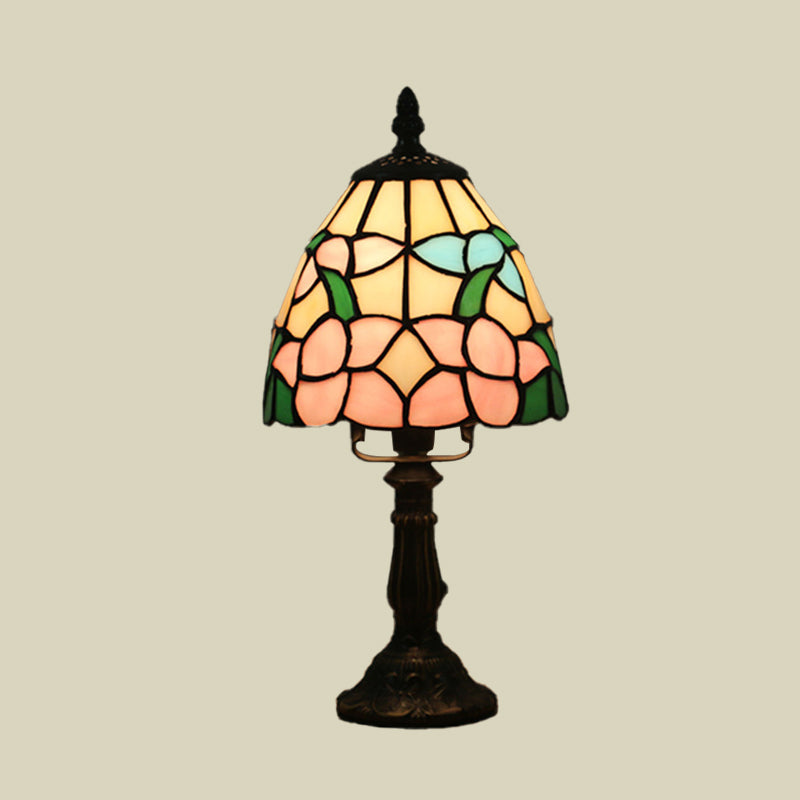 Dome Shape Nightstand Lighting 1-Light Stained Glass Baroque Style Blossom Patterned Table Lamp in Red/Pink/Orange Clearhalo 'Lamps' 'Table Lamps' Lighting' 894405