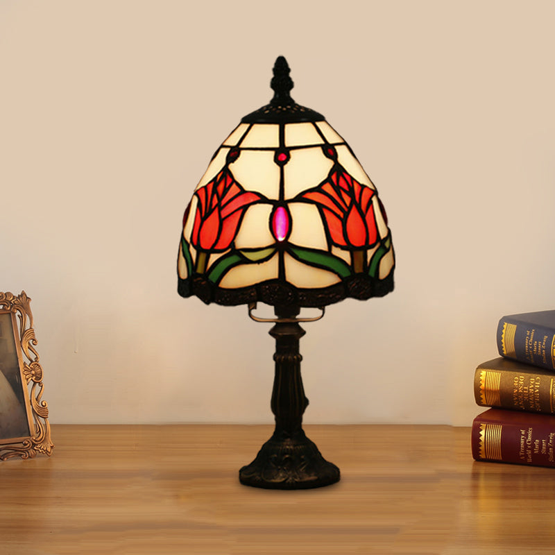 Dome Shape Nightstand Lighting 1-Light Stained Glass Baroque Style Blossom Patterned Table Lamp in Red/Pink/Orange Red Clearhalo 'Lamps' 'Table Lamps' Lighting' 894407