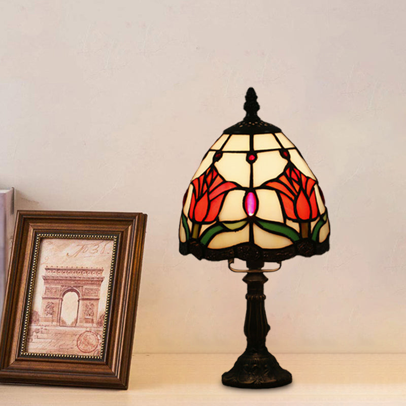 Dome Shape Nightstand Lighting 1-Light Stained Glass Baroque Style Blossom Patterned Table Lamp in Red/Pink/Orange Clearhalo 'Lamps' 'Table Lamps' Lighting' 894408