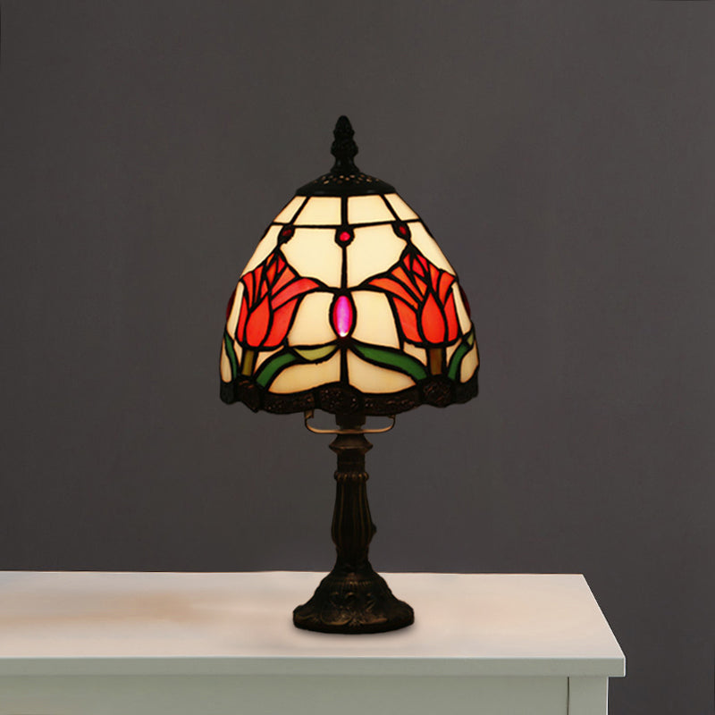Dome Shape Nightstand Lighting 1-Light Stained Glass Baroque Style Blossom Patterned Table Lamp in Red/Pink/Orange Clearhalo 'Lamps' 'Table Lamps' Lighting' 894409