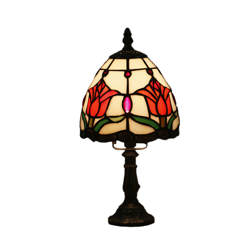 Dome Shape Nightstand Lighting 1-Light Stained Glass Baroque Style Blossom Patterned Table Lamp in Red/Pink/Orange Clearhalo 'Lamps' 'Table Lamps' Lighting' 894410