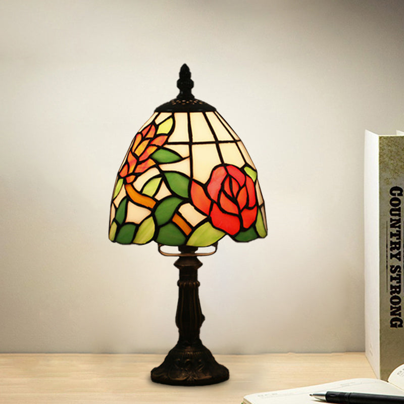 Dome Shape Nightstand Lighting 1-Light Stained Glass Baroque Style Blossom Patterned Table Lamp in Red/Pink/Orange Orange Clearhalo 'Lamps' 'Table Lamps' Lighting' 894411