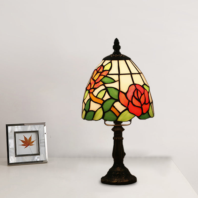 Dome Shape Nightstand Lighting 1-Light Stained Glass Baroque Style Blossom Patterned Table Lamp in Red/Pink/Orange Clearhalo 'Lamps' 'Table Lamps' Lighting' 894412