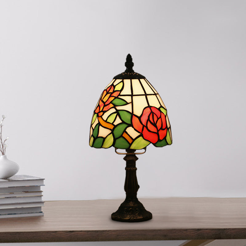 Dome Shape Nightstand Lighting 1-Light Stained Glass Baroque Style Blossom Patterned Table Lamp in Red/Pink/Orange Clearhalo 'Lamps' 'Table Lamps' Lighting' 894413