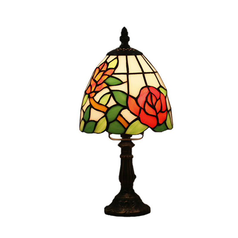 Dome Shape Nightstand Lighting 1-Light Stained Glass Baroque Style Blossom Patterned Table Lamp in Red/Pink/Orange Clearhalo 'Lamps' 'Table Lamps' Lighting' 894414