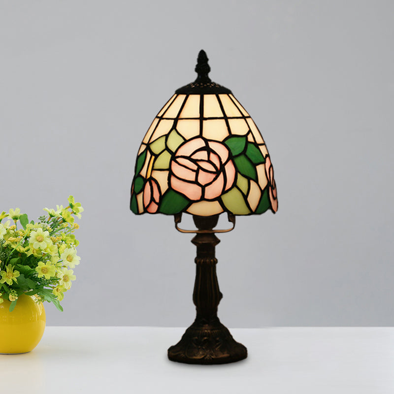 Dome Shape Nightstand Lighting 1-Light Stained Glass Baroque Style Blossom Patterned Table Lamp in Red/Pink/Orange Green Clearhalo 'Lamps' 'Table Lamps' Lighting' 894415