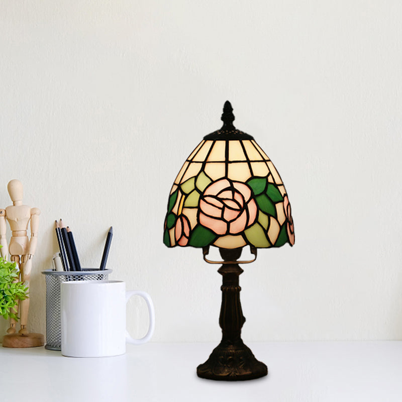 Dome Shape Nightstand Lighting 1-Light Stained Glass Baroque Style Blossom Patterned Table Lamp in Red/Pink/Orange Clearhalo 'Lamps' 'Table Lamps' Lighting' 894416
