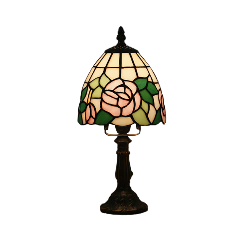 Dome Shape Nightstand Lighting 1-Light Stained Glass Baroque Style Blossom Patterned Table Lamp in Red/Pink/Orange Clearhalo 'Lamps' 'Table Lamps' Lighting' 894417