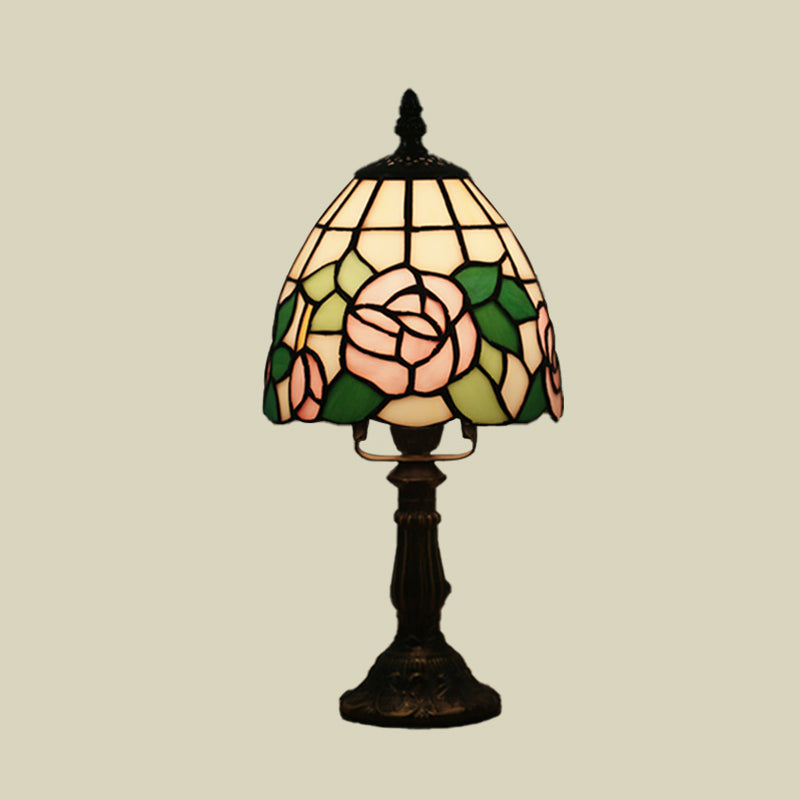 Dome Shape Nightstand Lighting 1-Light Stained Glass Baroque Style Blossom Patterned Table Lamp in Red/Pink/Orange Clearhalo 'Lamps' 'Table Lamps' Lighting' 894418