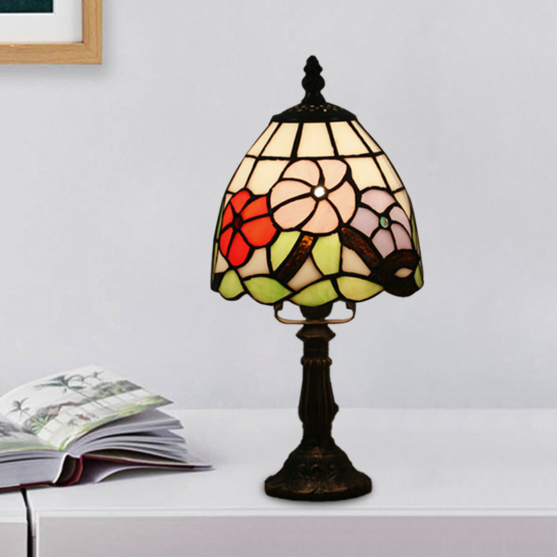 Dome Shape Nightstand Lighting 1-Light Stained Glass Baroque Style Blossom Patterned Table Lamp in Red/Pink/Orange Purple Clearhalo 'Lamps' 'Table Lamps' Lighting' 894419