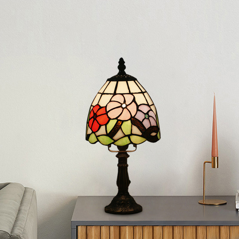 Dome Shape Nightstand Lighting 1-Light Stained Glass Baroque Style Blossom Patterned Table Lamp in Red/Pink/Orange Clearhalo 'Lamps' 'Table Lamps' Lighting' 894420