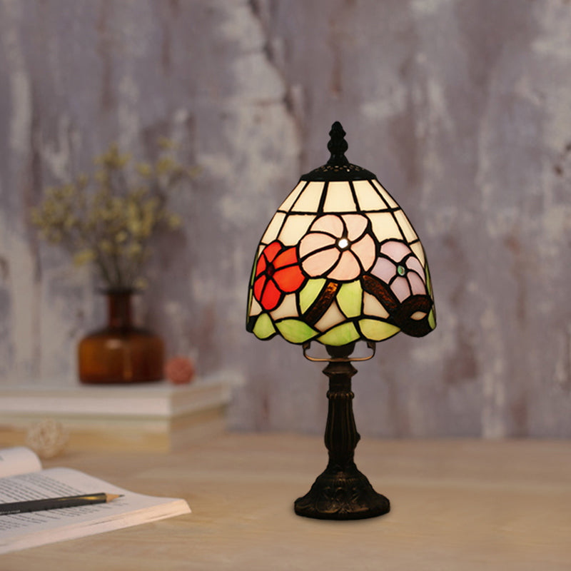 Dome Shape Nightstand Lighting 1-Light Stained Glass Baroque Style Blossom Patterned Table Lamp in Red/Pink/Orange Clearhalo 'Lamps' 'Table Lamps' Lighting' 894421