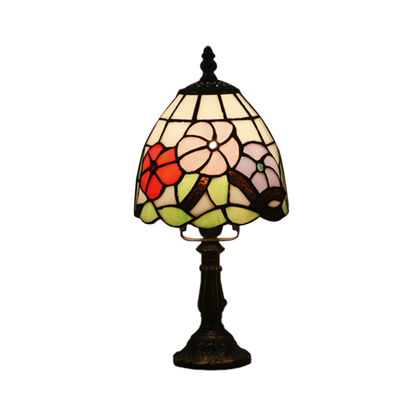 Dome Shape Nightstand Lighting 1-Light Stained Glass Baroque Style Blossom Patterned Table Lamp in Red/Pink/Orange Clearhalo 'Lamps' 'Table Lamps' Lighting' 894422