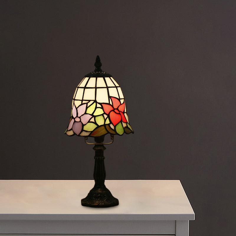Stained Glass White/Red Night Light Conical/Flared 1-Head Mediterranean Table Lighting with Floral Pattern Clearhalo 'Lamps' 'Table Lamps' Lighting' 894424