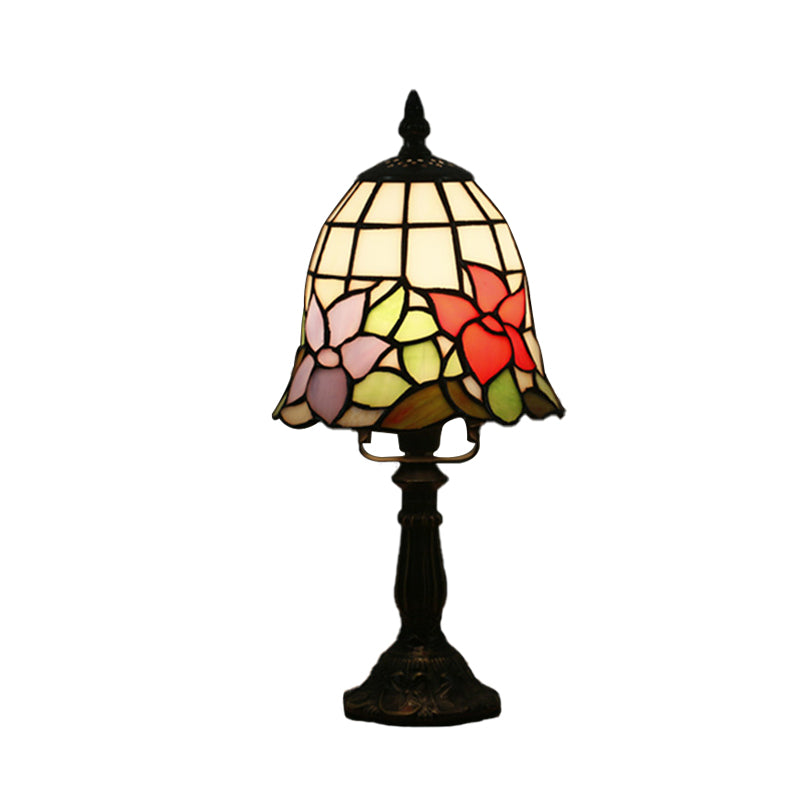 Stained Glass White/Red Night Light Conical/Flared 1-Head Mediterranean Table Lighting with Floral Pattern Clearhalo 'Lamps' 'Table Lamps' Lighting' 894425