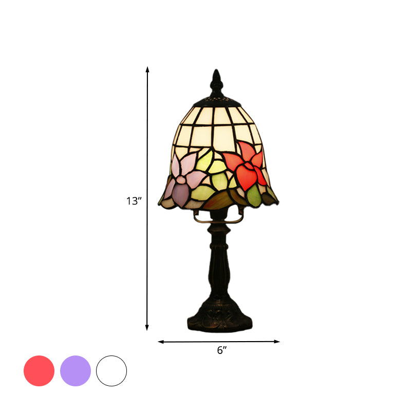 Stained Glass White/Red Night Light Conical/Flared 1-Head Mediterranean Table Lighting with Floral Pattern Clearhalo 'Lamps' 'Table Lamps' Lighting' 894426