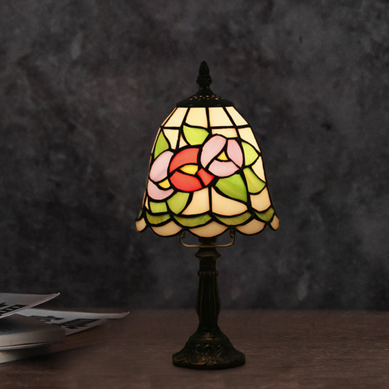 Stained Glass White/Red Night Light Conical/Flared 1-Head Mediterranean Table Lighting with Floral Pattern Purple Clearhalo 'Lamps' 'Table Lamps' Lighting' 894427