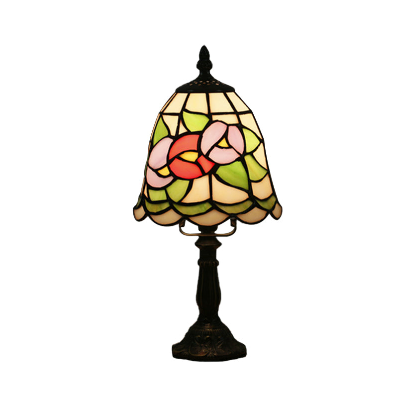 Stained Glass White/Red Night Light Conical/Flared 1-Head Mediterranean Table Lighting with Floral Pattern Clearhalo 'Lamps' 'Table Lamps' Lighting' 894430