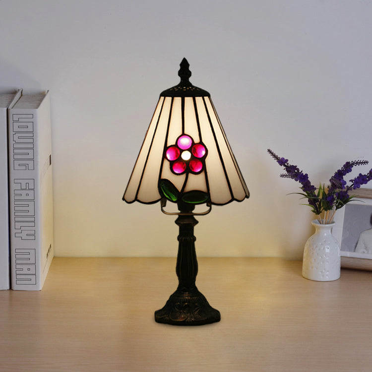 Stained Glass White/Red Night Light Conical/Flared 1-Head Mediterranean Table Lighting with Floral Pattern Clearhalo 'Lamps' 'Table Lamps' Lighting' 894433