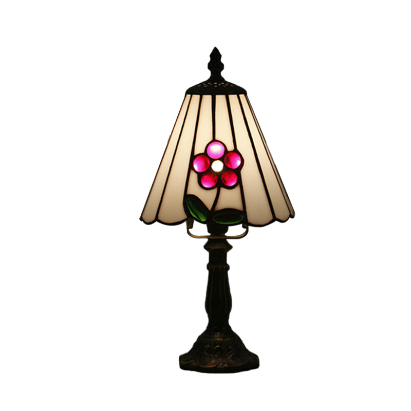 Stained Glass White/Red Night Light Conical/Flared 1-Head Mediterranean Table Lighting with Floral Pattern Clearhalo 'Lamps' 'Table Lamps' Lighting' 894434
