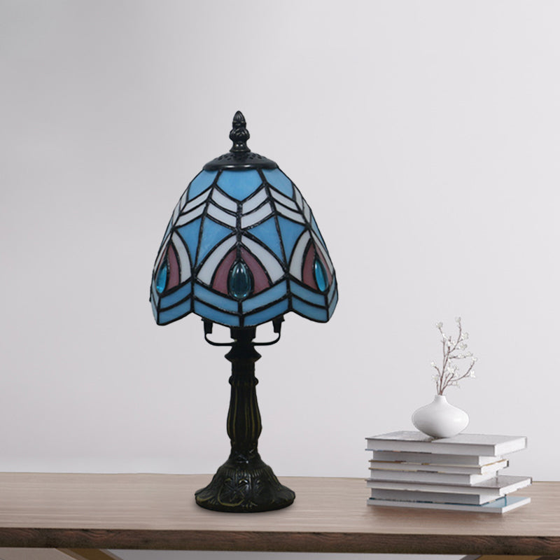 Beige/Pink Bowl Night Lamp Mediterranean 1 Bulb Hand Cut Glass Floral/Peacock Tail Patterned Table Lighting for Bedside Blue Clearhalo 'Lamps' 'Table Lamps' Lighting' 894443