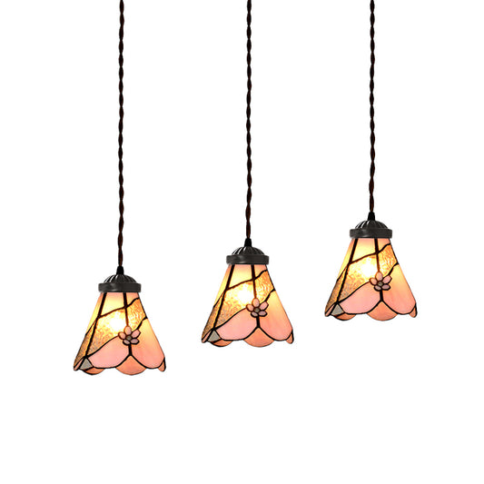 Bowl/Morning Glory Multi-Light Pendant 3 Bulbs Pink Stained Glass Baroque Style Hanging Lamp Kit for Dining Room Clearhalo 'Ceiling Lights' 'Glass shade' 'Glass' 'Industrial' 'Middle Century Pendants' 'Pendant Lights' 'Pendants' 'Tiffany close to ceiling' 'Tiffany Pendants' 'Tiffany' Lighting' 894462